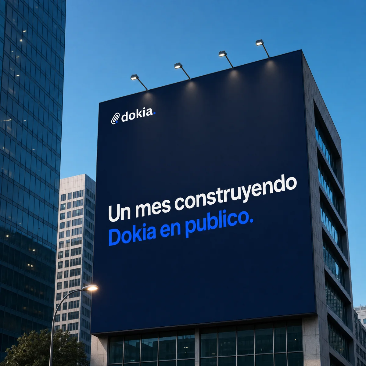 Pieza para LinkedIn producida para Dokia: espectacular urbano con el titular Un mes construyendo Dokia en publico